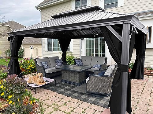 PURPLE LEAF 12' x 16' Hardtop Aluminum Gazebo with Double Metal Roof Heavy Duty Permanent Gazebo for Patio Deck Lawn Garden All Weather Outdoor Pavilion Gazebo, Light Grey