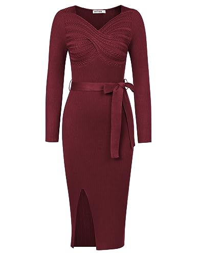 GRACE KARIN Women's V Neck Cable Knit Fall Sweater Dress Long Sleeve Tie Waist Bodycon Slit Pullover Midi Dress with Belt Wine L