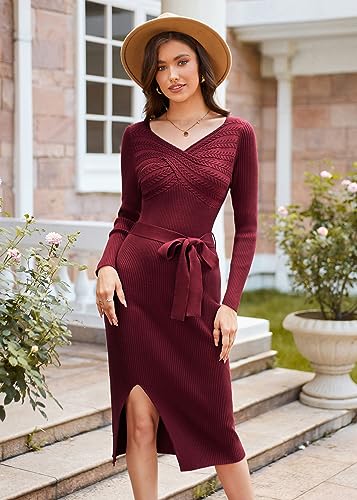 GRACE KARIN Women's V Neck Cable Knit Fall Sweater Dress Long Sleeve Tie Waist Bodycon Slit Pullover Midi Dress with Belt Wine L