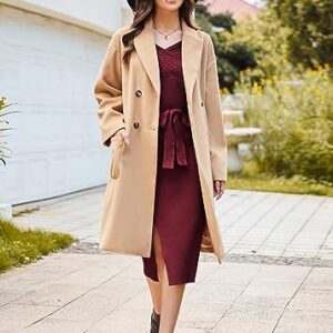 GRACE KARIN Women's V Neck Cable Knit Fall Sweater Dress Long Sleeve Tie Waist Bodycon Slit Pullover Midi Dress with Belt Wine L