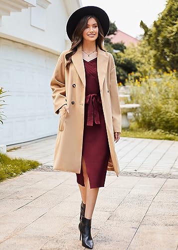 GRACE KARIN Women's V Neck Cable Knit Fall Sweater Dress Long Sleeve Tie Waist Bodycon Slit Pullover Midi Dress with Belt Wine L