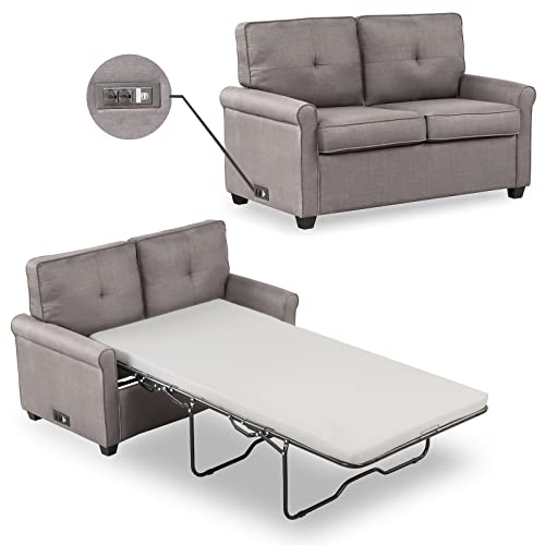 OUllUO Pull Out Sofa Bed Dual Plugs USB Ports, 2-in-1 Convertible Loveseat Sofa Couch Sleeper with Folding Mattress, Modern 2 Seat Small Sofa Couch for Living Room Apartment Guest Bedroom,Gray