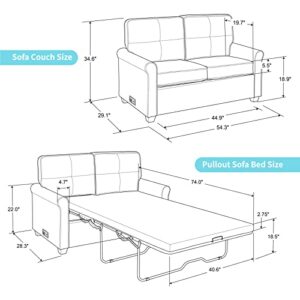 OUllUO Pull Out Sofa Bed Dual Plugs USB Ports, 2-in-1 Convertible Loveseat Sofa Couch Sleeper with Folding Mattress, Modern 2 Seat Small Sofa Couch for Living Room Apartment Guest Bedroom,Gray