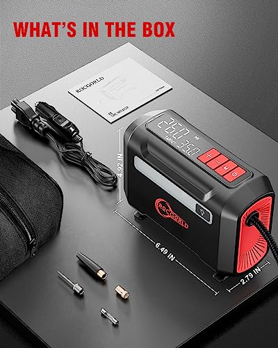 ROCGORLD R8 Tire Inflator Portable Air Compressor, DC 12V Air Compressor Portable with Large Dual Digital Screen, 3X Faster Inflation Air Pump for Car, Bike, Ball, Motor