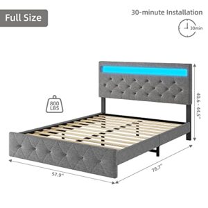 Homhougo Full Bed Frame with LED Lights Headboard, LED Bed Frame with Fast-Charging USB Port, Upholstered Platform Bed Frame, No Box Spring Needed, Easy Assembly, Grey