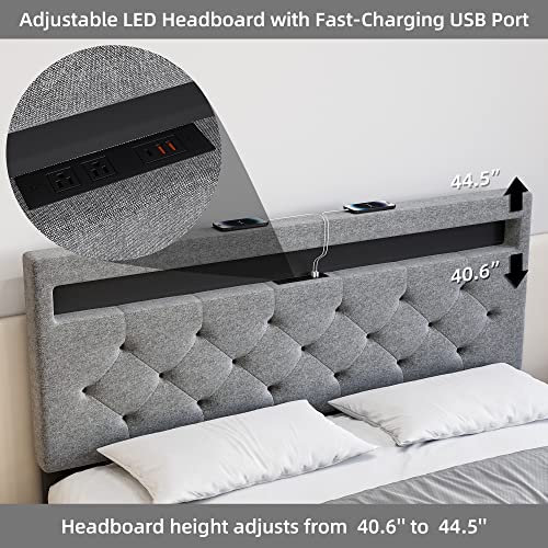 Homhougo Full Bed Frame with LED Lights Headboard, LED Bed Frame with Fast-Charging USB Port, Upholstered Platform Bed Frame, No Box Spring Needed, Easy Assembly, Grey