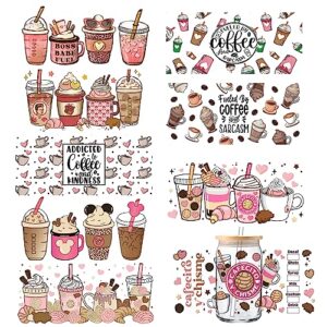 gunky uv dtf cup wrap, 9sheets coffee theme rub on transfers for crafting 16oz libbey glass cups wrap transfer stickers decals waterproof crafts vintage, pink