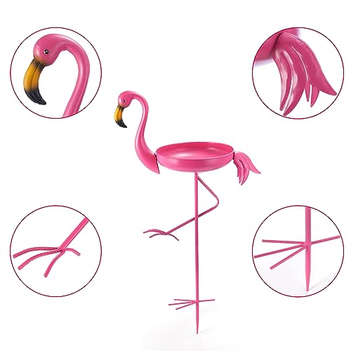 SMQLJXC 41 in Tall Flamingo Outdoor Bird Bath, Metal Bird Bath Bowl, Bird Feeder or Drinker Plate with Metal Stake, Home Garden Lawn Yard Decorations (Pink)