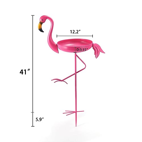 SMQLJXC 41 in Tall Flamingo Outdoor Bird Bath, Metal Bird Bath Bowl, Bird Feeder or Drinker Plate with Metal Stake, Home Garden Lawn Yard Decorations (Pink)