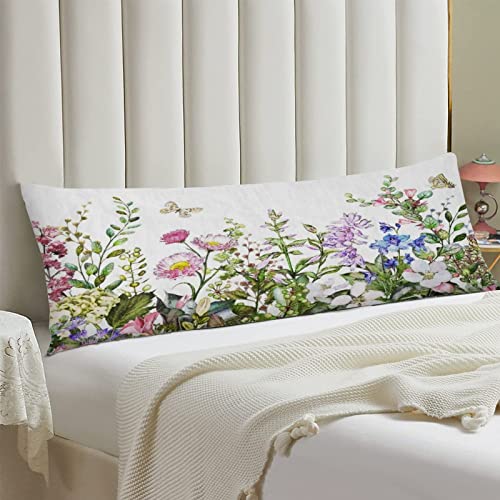 Body Pillow Cover,Border with Herbs and Wild Flowers, Leaves Printed Long Pillow Cases Protector with Zipper Decor Soft Large Covers Cushion for Beding,Couch,Sofa,Home Gift 20"x54"