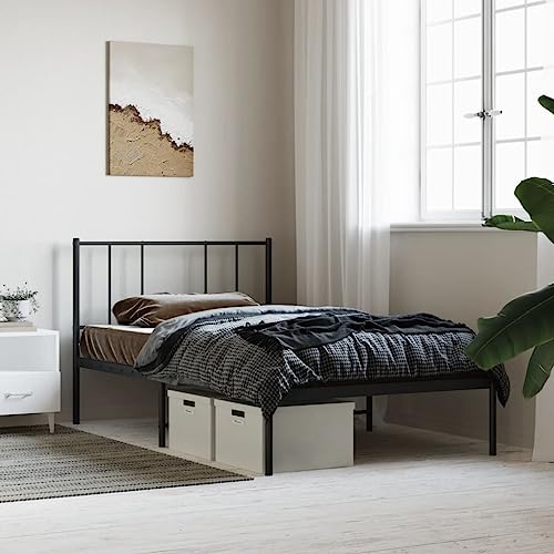 vidaXL Sturdy Steel Bed Frame - Single Bed, Headboard Included, Extra Under Bed Storage Space, Optimal Mattress Support, Easy Assembly, Black Finish 39.4"x74.8"