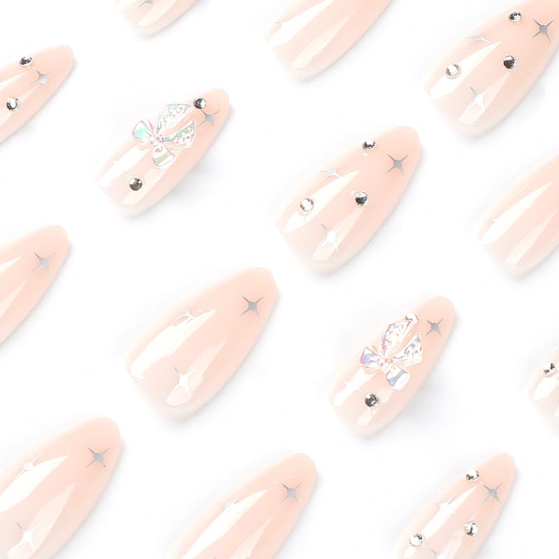 Press on Nails Medium Almond Shaped Fake Nails with 3D Charms Design Opaque Full Cover Glue Stick on Nails for Women