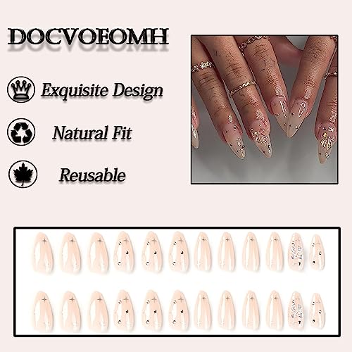 Press on Nails Medium Almond Shaped Fake Nails with 3D Charms Design Opaque Full Cover Glue Stick on Nails for Women