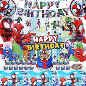 spidey and friends birthday decorations include banner, backdrop, balloons, hanging swirls, cake cupcake toppers, tablecloth for spidey and his amazing friends birthday decorations