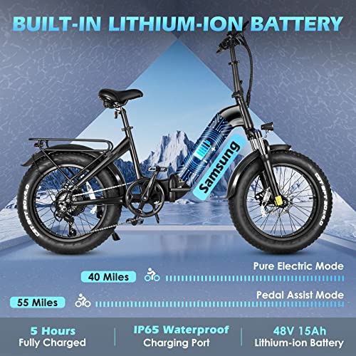 Zacro Fat Tire Folding Electric Bike for Adults, Upgraded 500W Ebike with 48V 15Ah Samsung Battery, IPX4 Waterproof 20MPH 20” Bicycle with Dual Shock Absorber for Mountain Commuter