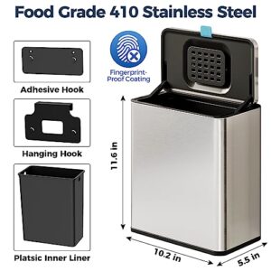 LINSSEN Stainless Steel Hanging Trash Can with Lid and Inner Bucket, 2 Gallon Kitchen Compost Bin for Counter Top, Under Sink or Wall Mount, Small Garbage Can for Cupboard/Bathroom/Bedroom/RV