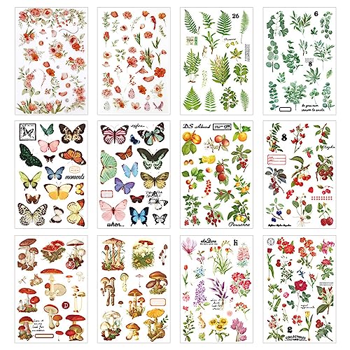 12 Sheets Rub on Transfers for Furniture Crafts Vintage Rub On Transfer Stickers Flower Plant Mushroom Butterfly Berry Stickers for Wood Fabric Furniture Decals for Home Office Scrapbooking Journals