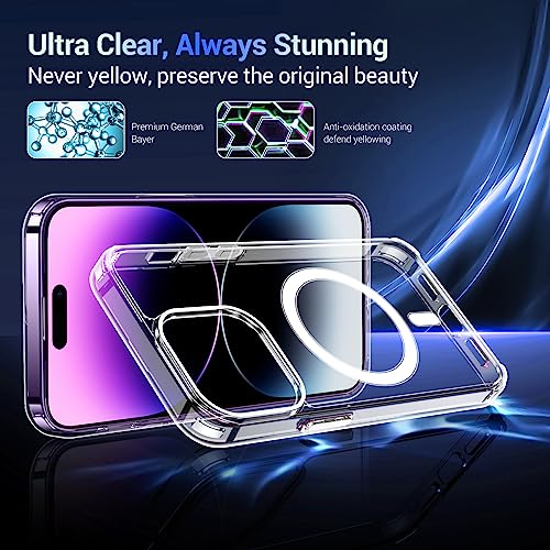 Temdan Magnetic for iPhone 14 Pro Case with MagSafe,[Anti-Yellowing][Glass Screen Protector+Camera Lens Protector] Slim Thin Shockproof Phone Case-Clear