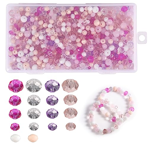 1000pcs Crystal Glass Beads Kit, 4/6/8mm Pink Loose Assorted Crystal Beads Sparkle Round Glass Beads with Holes for Jewelry Necklace Bracelet Making