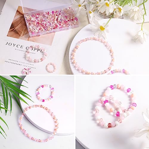 1000pcs Crystal Glass Beads Kit, 4/6/8mm Pink Loose Assorted Crystal Beads Sparkle Round Glass Beads with Holes for Jewelry Necklace Bracelet Making