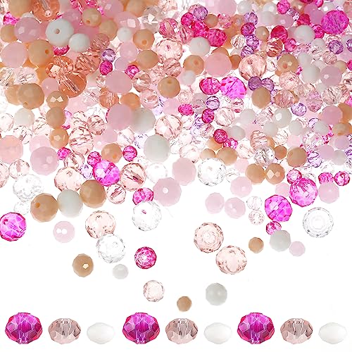 1000pcs Crystal Glass Beads Kit, 4/6/8mm Pink Loose Assorted Crystal Beads Sparkle Round Glass Beads with Holes for Jewelry Necklace Bracelet Making