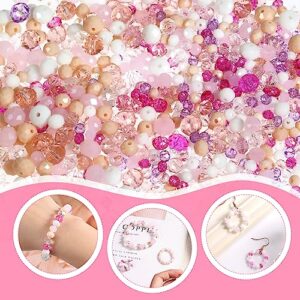 1000pcs Crystal Glass Beads Kit, 4/6/8mm Pink Loose Assorted Crystal Beads Sparkle Round Glass Beads with Holes for Jewelry Necklace Bracelet Making