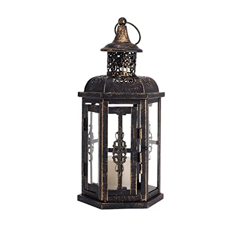 Outdoor Garden Candle Holder Lantern Home Decor Gift Bedroom Handle Hanging-Tabletop Portable Decoration (Color : Black)