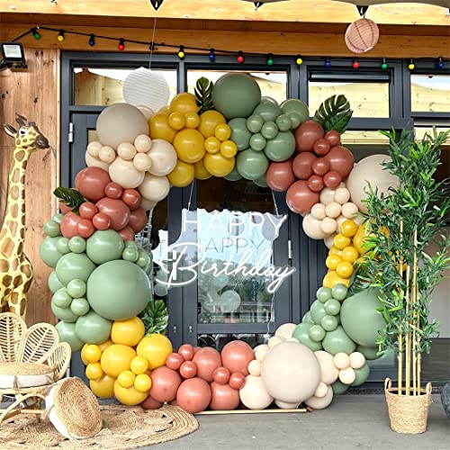 137PCS Jungle Safari Wild Woodland Balloon Arch Garland Kit, Sage Green Dusty Pink Lemon Yellow Sand White Balloons for Wild One Theme Party Kids' Birthday Party Baby Shower Wedding Decorations