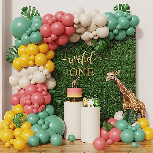 137PCS Jungle Safari Wild Woodland Balloon Arch Garland Kit, Sage Green Dusty Pink Lemon Yellow Sand White Balloons for Wild One Theme Party Kids' Birthday Party Baby Shower Wedding Decorations