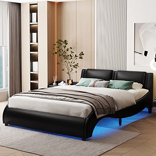 Anwickhomk Full Size Faux Leather Upholstered Platform Bed,Modern Wave Like led Bed Frame with LED Light/Headboard/Wood Slatted Supports,No Box Spring Needed (Black)