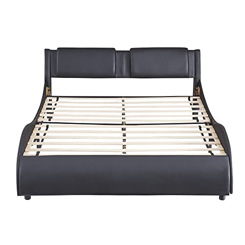 Anwickhomk Full Size Faux Leather Upholstered Platform Bed,Modern Wave Like led Bed Frame with LED Light/Headboard/Wood Slatted Supports,No Box Spring Needed (Black)