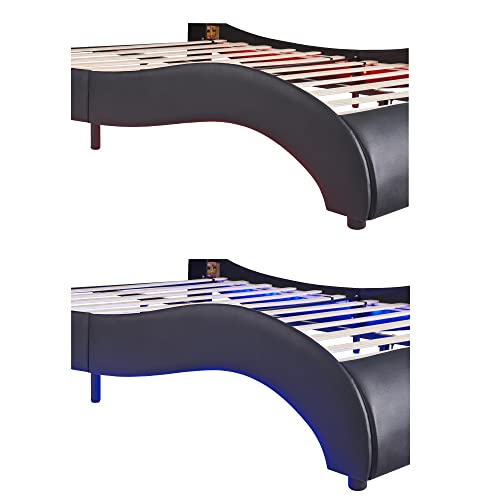 Anwickhomk Full Size Faux Leather Upholstered Platform Bed,Modern Wave Like led Bed Frame with LED Light/Headboard/Wood Slatted Supports,No Box Spring Needed (Black)