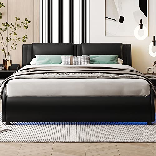 Anwickhomk Full Size Faux Leather Upholstered Platform Bed,Modern Wave Like led Bed Frame with LED Light/Headboard/Wood Slatted Supports,No Box Spring Needed (Black)