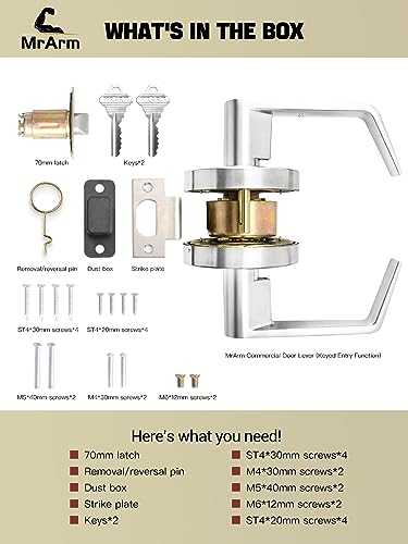 MrArm Commercial Door Lever Lock, Heavy-Duty Locking Door Handle, Designer Door Handles, Cylindrical Lever Lock, Non-Handed Grade 2 Industrial Standard Door Handle, Satin Chrome(Keyed Entry)