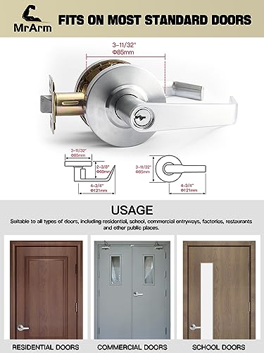 MrArm Commercial Door Lever Lock, Heavy-Duty Locking Door Handle, Designer Door Handles, Cylindrical Lever Lock, Non-Handed Grade 2 Industrial Standard Door Handle, Satin Chrome(Keyed Entry)