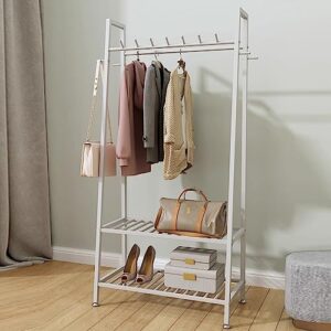 fijos clothes rack, metal garment rack, heavy duty clothes stand rack with lower storage shelf and 11 hooks, double hanging rod clothing rack for bedroom