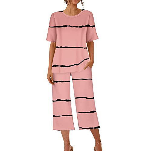 MRGIINRI Pajamas for Women 2023 Summer Trendy Short Sleeve Sleepshirt and Capri Pants Pjs Sets Loungewear with Pockets