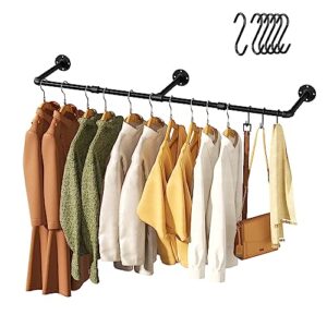 vintage clothes rack, 48" industrial pipe wall mount garment rack, space-saving heavy duty clothes hanger for closet storage, 3 bases, 1-pack with 6 s-hooks, industrial pipe wall mounted closet rod