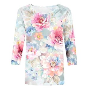 Deals of The Day Lightning Deals Today Prime 2023 Ladies Tops and Blouses 3/4 Sleeve Cute Floral Print Boho Tops for Women Plus Size Trendy Crewneck Womens Tops Summer 2023 Summer Casual