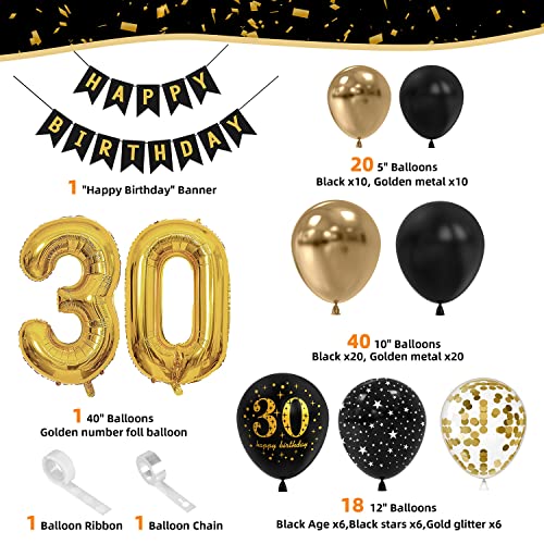 30th Birthday Decoration Kit for Boy Girl Black Gold Balloon 30th Birthday Balloons Party Decorations Happy Birthday Banner Garland Arch 30th Birthday Confetti Balloons Birthday Party (30th)