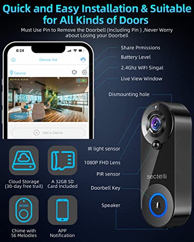 sectelli 2023 Enhanced Doorbell Camera Wireless, Support WiFi at 5GHz Mixed with 2.4GHz, Support Link to Alexa Speaker, 1080P Video, 2-Way Audio,Battery Powered,Smart Video Doorbell