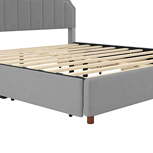 King Szie Storage Upholstered Platform Bed Set with 4 Storage Drawers and Headboard, Solid Wood Velvet Upholstery Platform Bed Bedframe with Storage for Kids Teens, Boys & Girls ,Gray Platform Bed