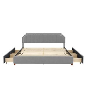 King Szie Storage Upholstered Platform Bed Set with 4 Storage Drawers and Headboard, Solid Wood Velvet Upholstery Platform Bed Bedframe with Storage for Kids Teens, Boys & Girls ,Gray Platform Bed