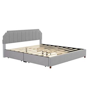 King Szie Storage Upholstered Platform Bed Set with 4 Storage Drawers and Headboard, Solid Wood Velvet Upholstery Platform Bed Bedframe with Storage for Kids Teens, Boys & Girls ,Gray Platform Bed