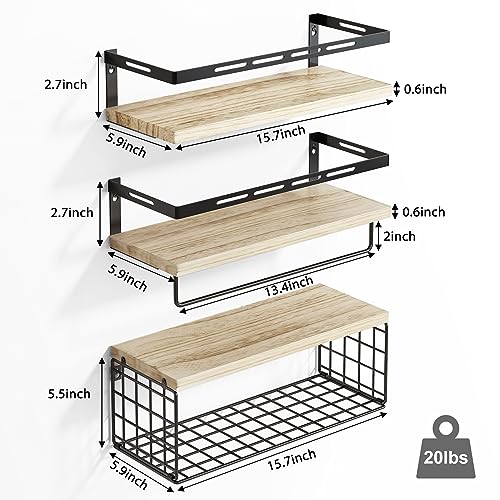 Fixwal 3+1 Tier Wall Mounted Floating Shelves with Metal Frame, Rustic Wood Bathroom Shelves Over Toilet with Wire Storage Basket and Towel Bar for Bathroom, Kitchen, Bedroom (Rustic Brown)- New