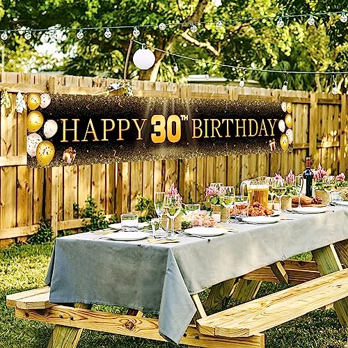 TZSS 30th Birthday Decorations for Men Women, Black and Gold Happy 30th Birthday Banner Yard Signs, 30th Birthday Indoor Outdoor Party Decorations（118" X 20"）