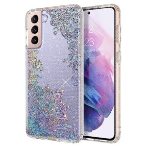 kiomy clear glitter case with laser lace design for samsung galaxy s21 5g, slim fit sparkle fashion flower back cover for girl women, flexible tpu sparkly cute floral skin for samsung s21 (slim, lace)