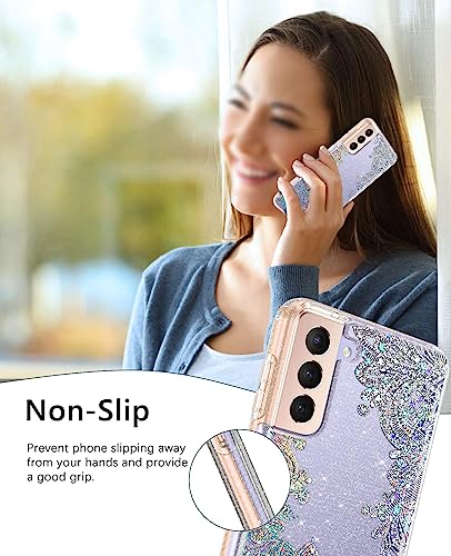 KIOMY Clear Glitter Case with Laser Lace Design for Samsung Galaxy S21 5G, Slim Fit Sparkle Fashion Flower Back Cover for Girl Women, Flexible TPU Sparkly Cute Floral Skin for Samsung S21 (Slim, Lace)