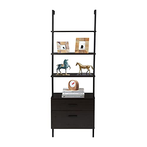 Industrial Bookshelf with Wood Drawers and Matte Steel Frame,Wood Metal Ladder Bookshelf, Industrial 5-Tier Black Bookcase with Storage Cabinet,for Living Room, Shelves for Storage Bedroom