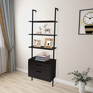 Industrial Bookshelf with Wood Drawers and Matte Steel Frame,Wood Metal Ladder Bookshelf, Industrial 5-Tier Black Bookcase with Storage Cabinet,for Living Room, Shelves for Storage Bedroom